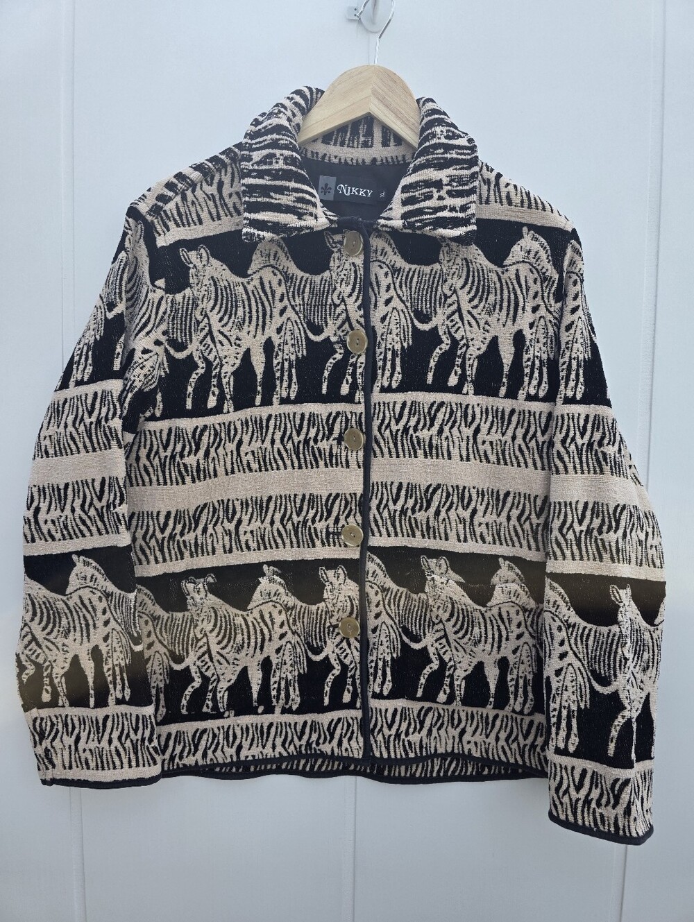 Vintage Nikky Safari Zebra Button Up Tapestry Jacket Beige Black XL